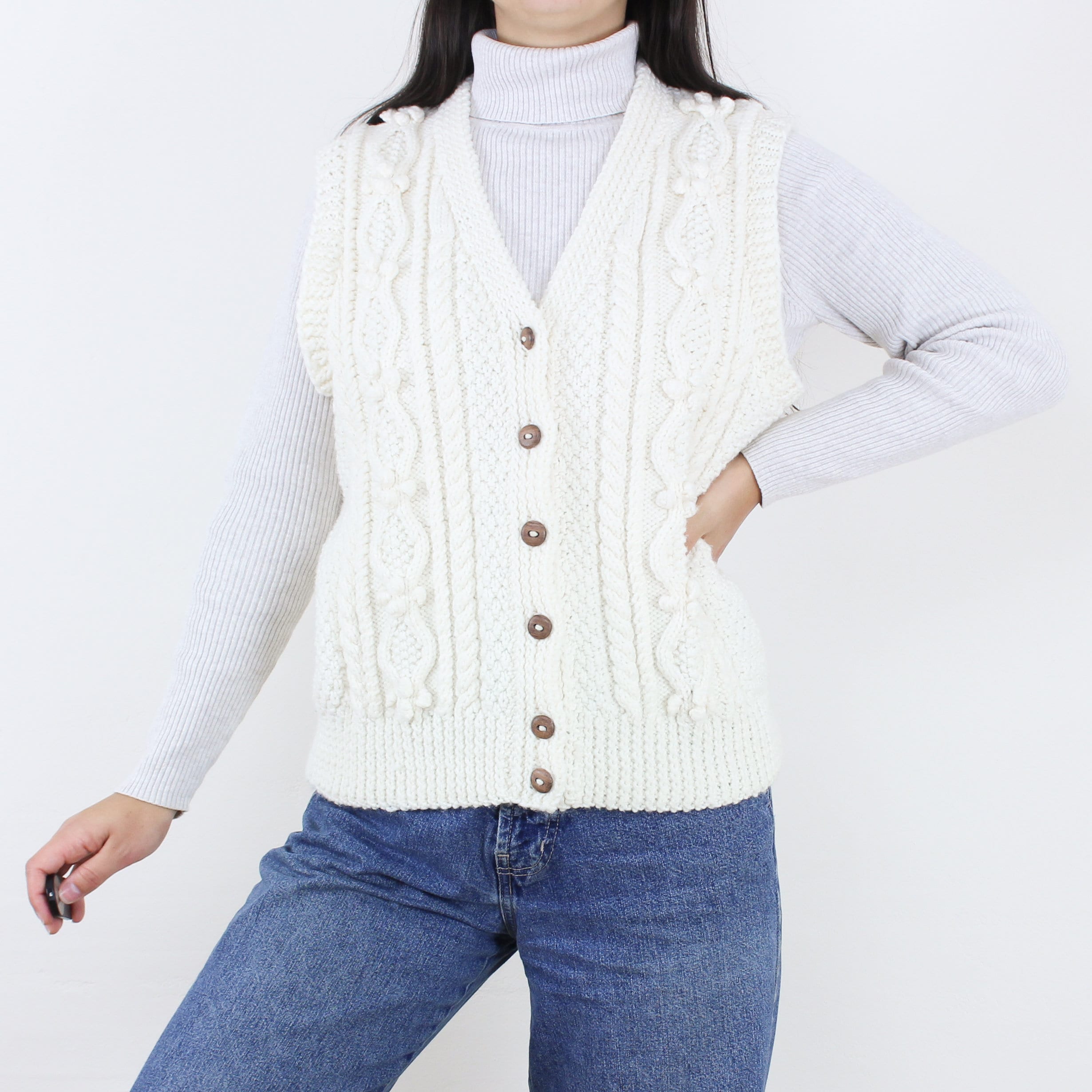 Vintage handmade sweater vest, cream cable knit, wooden button front, v-neck, fisherman style, light academic, minimalist Vintage handmade sweater vest, cream cable knit, wooden button front, v-neck, fisherman style, light academic, minimalist