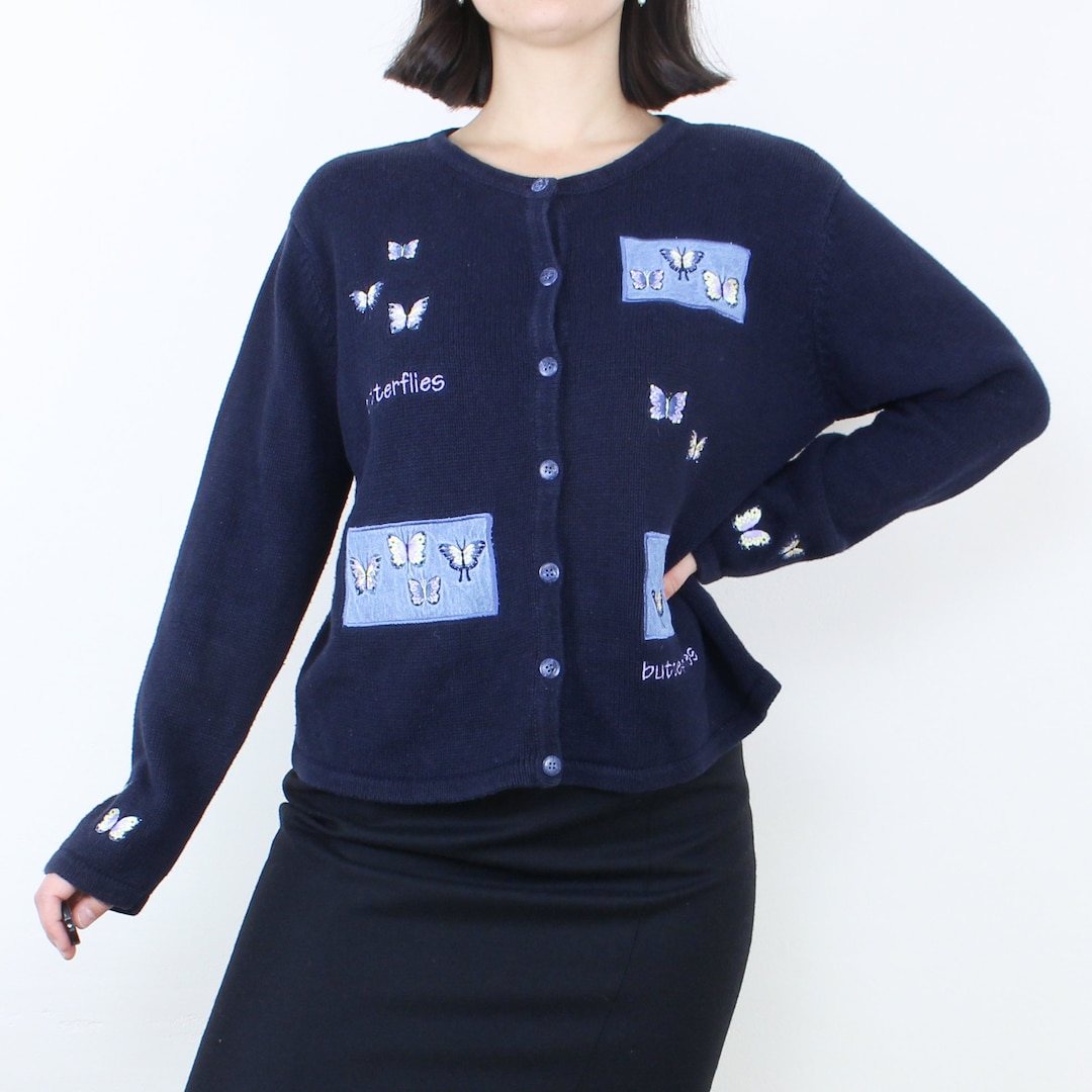 Vintage 90's Butterfly Boxy Cardigan Sweater, Christopher Banks,  Embroidered, Navy Blue, Crewneck, Button Front, Preppy, Whimsigoth, Fairy 