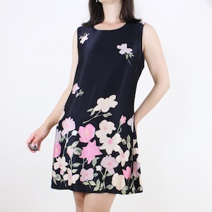 Vintage 90&#39;s Express rayon floral mini dress, tank, sleeveless, black w/ large pastel painted-look flowers, grunge moody, spring, minimalist