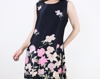 Vintage 90's Express rayon floral mini dress, tank, sleeveless, black w/ large pastel painted-look flowers, grunge moody, spring, minimalist