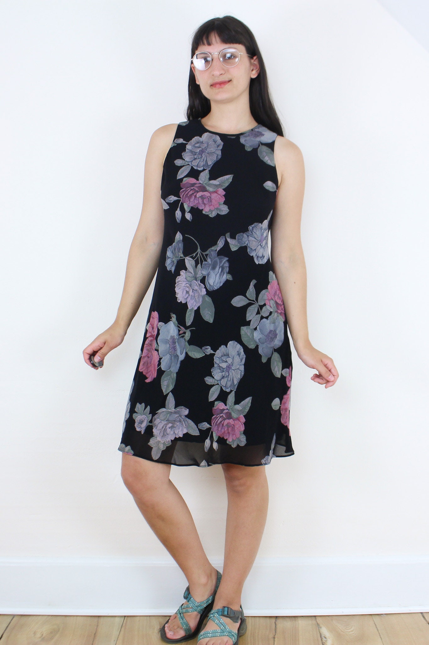 Vintage 90's Dark Floral Mini Dress, Casual Corner, Black W