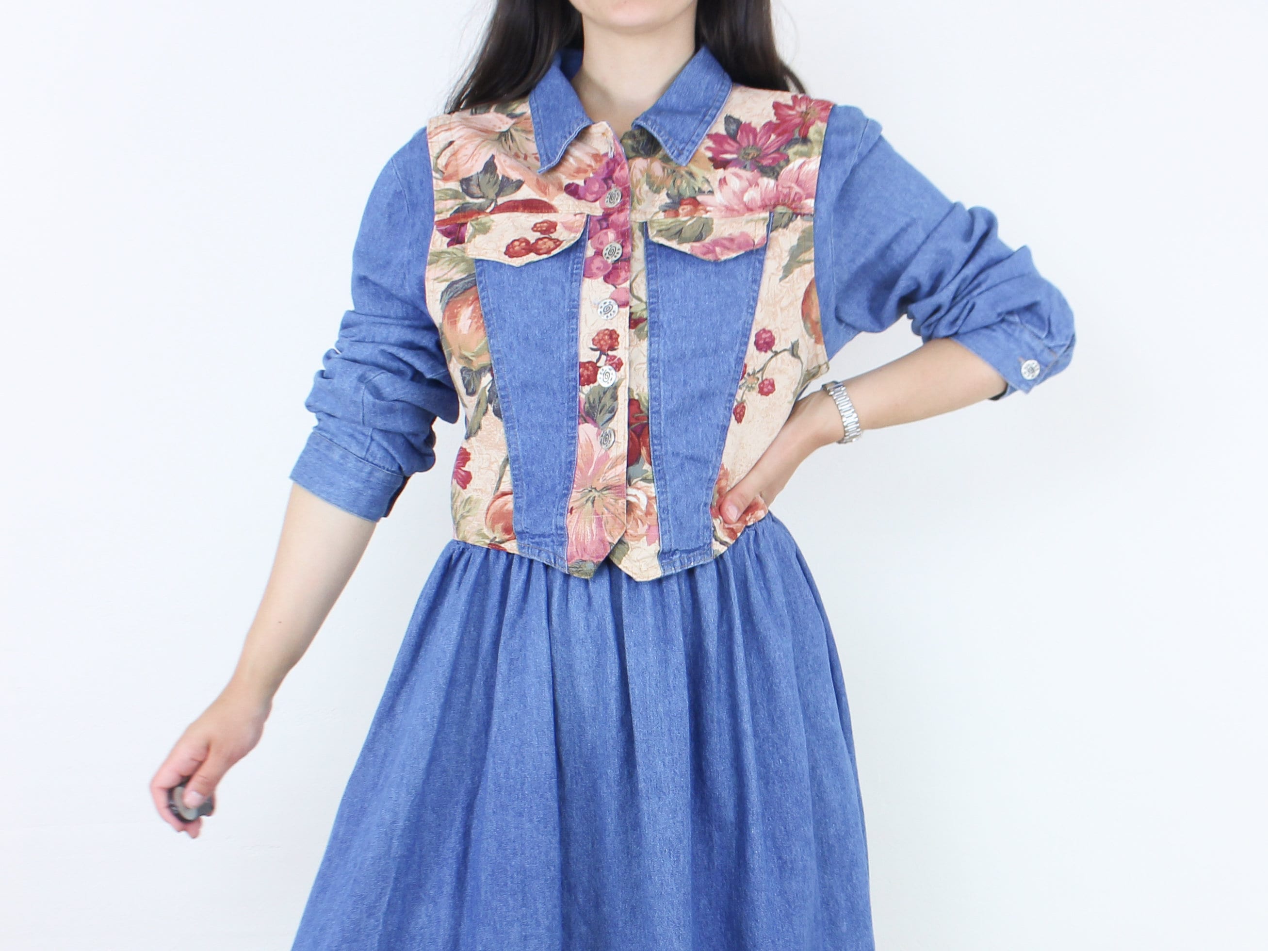 dress with denim top and floral bottom Vintage 90's Vermont Country Store Dress, Maxi, W/ Warm Toned Floral, Long Sleeve, Faux Two Piece, Button Front Collared Top, Cottage Color:Wedgewood Shantung Sparkly Navy Blue A no-returns:2026-07-03_2028-09-07 Evening gowns Elastic at back of