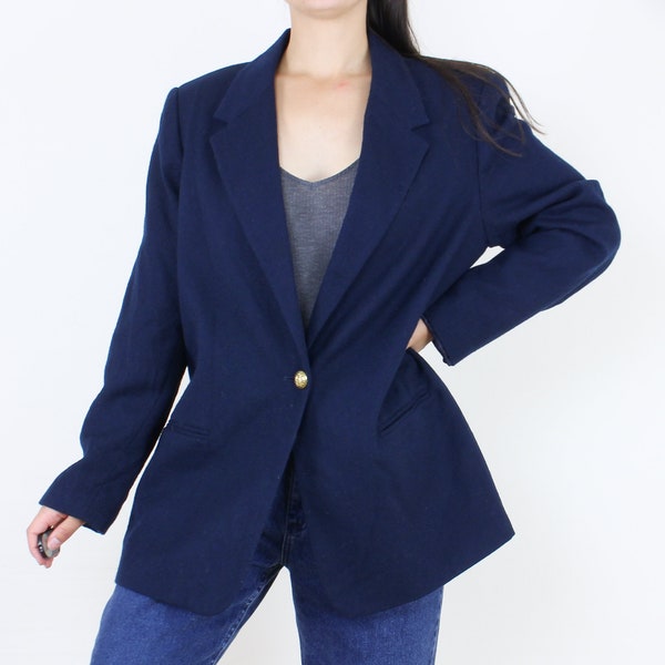 Vintage 90's dark blue wool blazer, lined, collared, single button closure, shoulder pads, gold colored buttons, Sag Harbor, dark academic