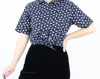 Vintage 90's cropped tie front top, Separate Issue, black, white leaf print, short sleeve, collar, button up, grunge, whimsigoth, minimalist