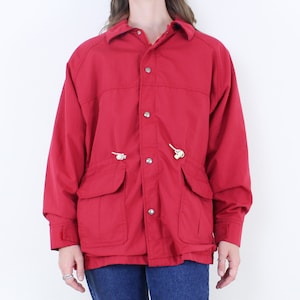 Vintage 90s cherry red The Woolrich Woman coat, lined w/ wool blend plaid, jacket, grunge, casual, outdoorsy, New England, patch pockets, XL