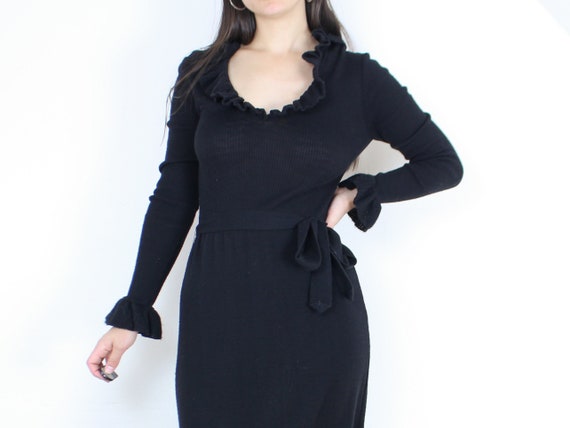 Vintage 70's black knit maxi dress, sweater dress, floor length, ruffle  details, waist tie, body con, sexy, deep v neck, long sleeve, winter