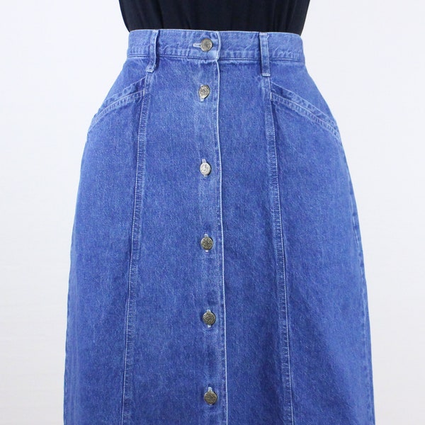 Vintage 90's 28-32W LLBean midi jean skirt, medium wash denim, pockets, belt loops, button front, elastic waist, casual, classic, minimalist