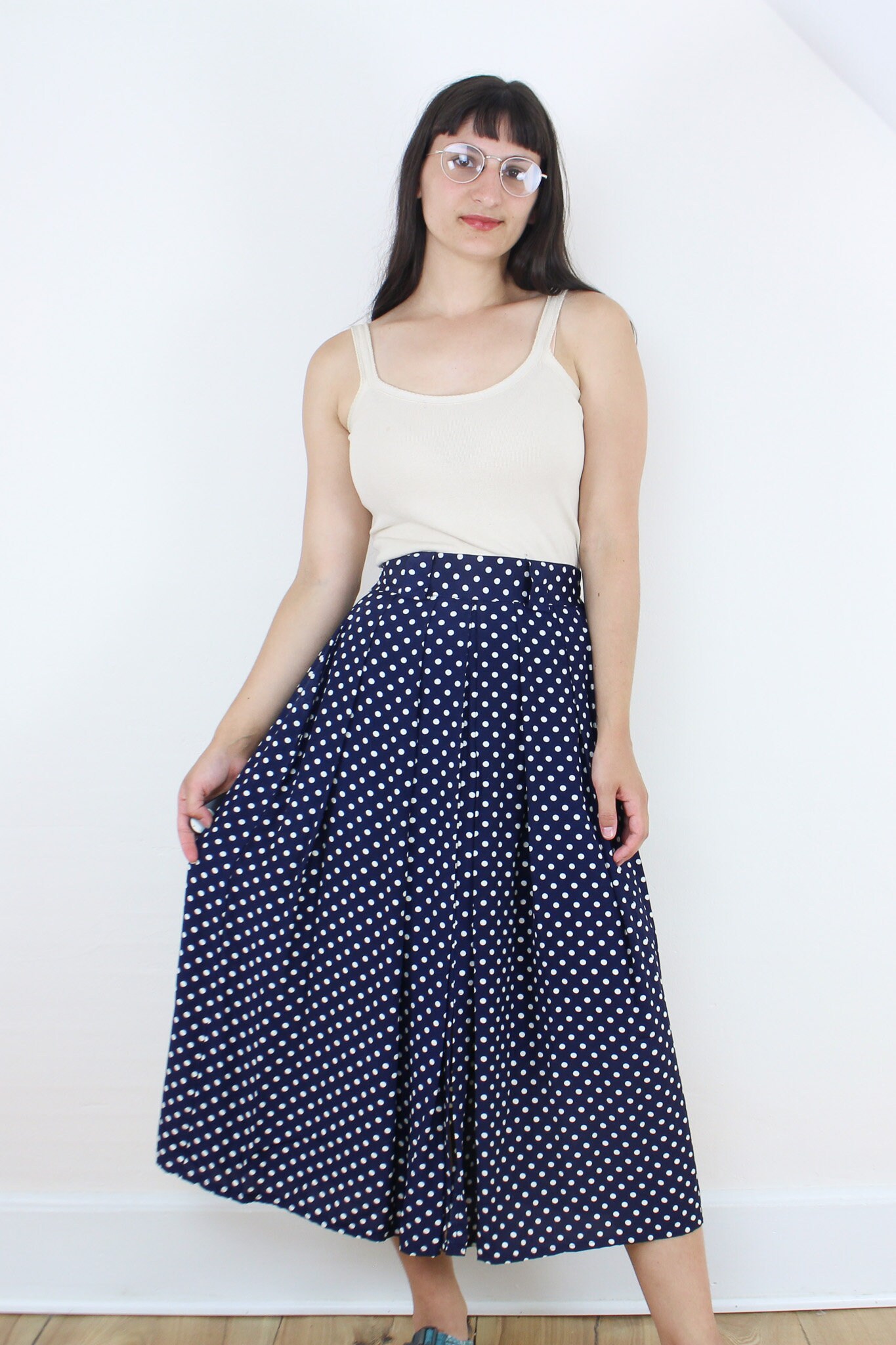 スカート 80s-90s Japanese label dot pleats skirt Vintage 90's 24-26W Polkadot Skirt, Navy Blue, White Dots