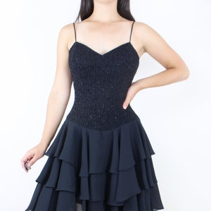 Vintage 90&#39;s black party dress, sparkly v-neck bodice, spaghetti strap, tiered ruffle skirt, flattering v yoke, union made, dance, gothic