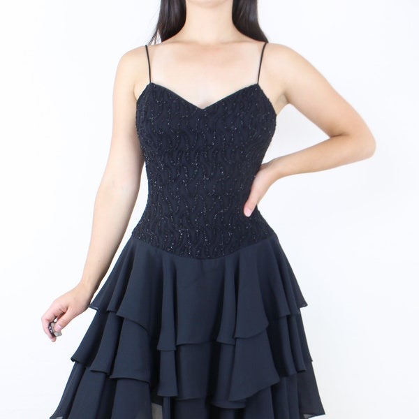 Vintage 90's black party dress, sparkly v-neck bodice, spaghetti strap, tiered ruffle skirt, flattering v yoke, union made, dance, gothic
