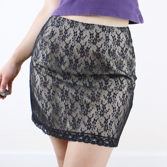 Vintage 90's 27/28W Black Lace Overlay Mini Skirt, Spring Street, Black Floral/swiss Dot Lace on Tan, Gothic, Moody, Vampire Core - Etsy Vintage 90's 27/28W Black Lace Overlay Mini Skirt, Spring Street, Black Floral/swiss Dot Lace on Tan, Gothic, Moody, Vampire Core - Etsy