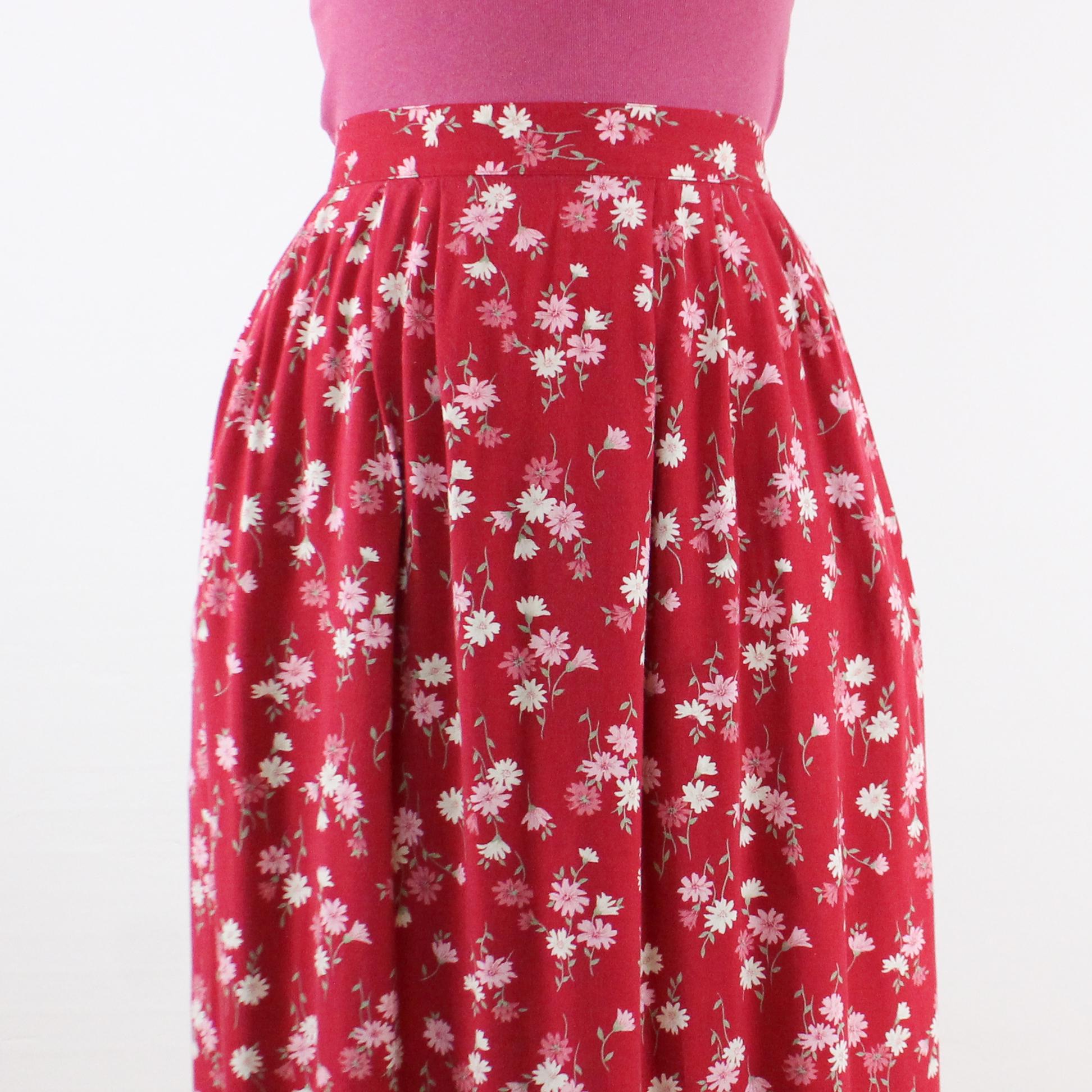 Vintage 90's 34-40W Rayon Floral Midi Skirt, Red W/ Pink White