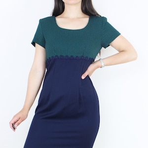 Vintage 90&#39;s cocktail maxi dress, Lisa Jo, green navy check w/ navy skirt, flower chain at empire waist, short sleeve, grunge, minimalist