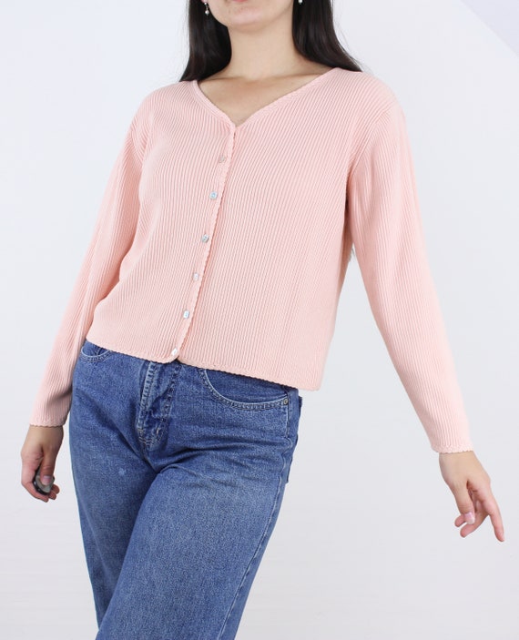 Vintage 90s pastel pink cardigan top, ribbed knit… - image 2