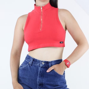 Vintage 90&#39;s zip front athletic top, Susan Fixel, bright red, aerobics, workout, cropped, sleeveless, metal zip, mockneck, dopamine dressing