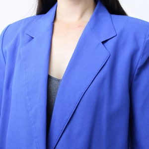 Vintage 90's blue blazer, muted royal blue, rayon poly blend, pockets, collared, single purple button closure, shoulder padding, lightweight image 6