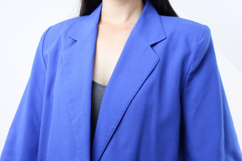 Vintage 90's blue blazer, muted royal blue, rayon poly blend, pockets, collared, single purple button closure, shoulder padding, lightweight image 6