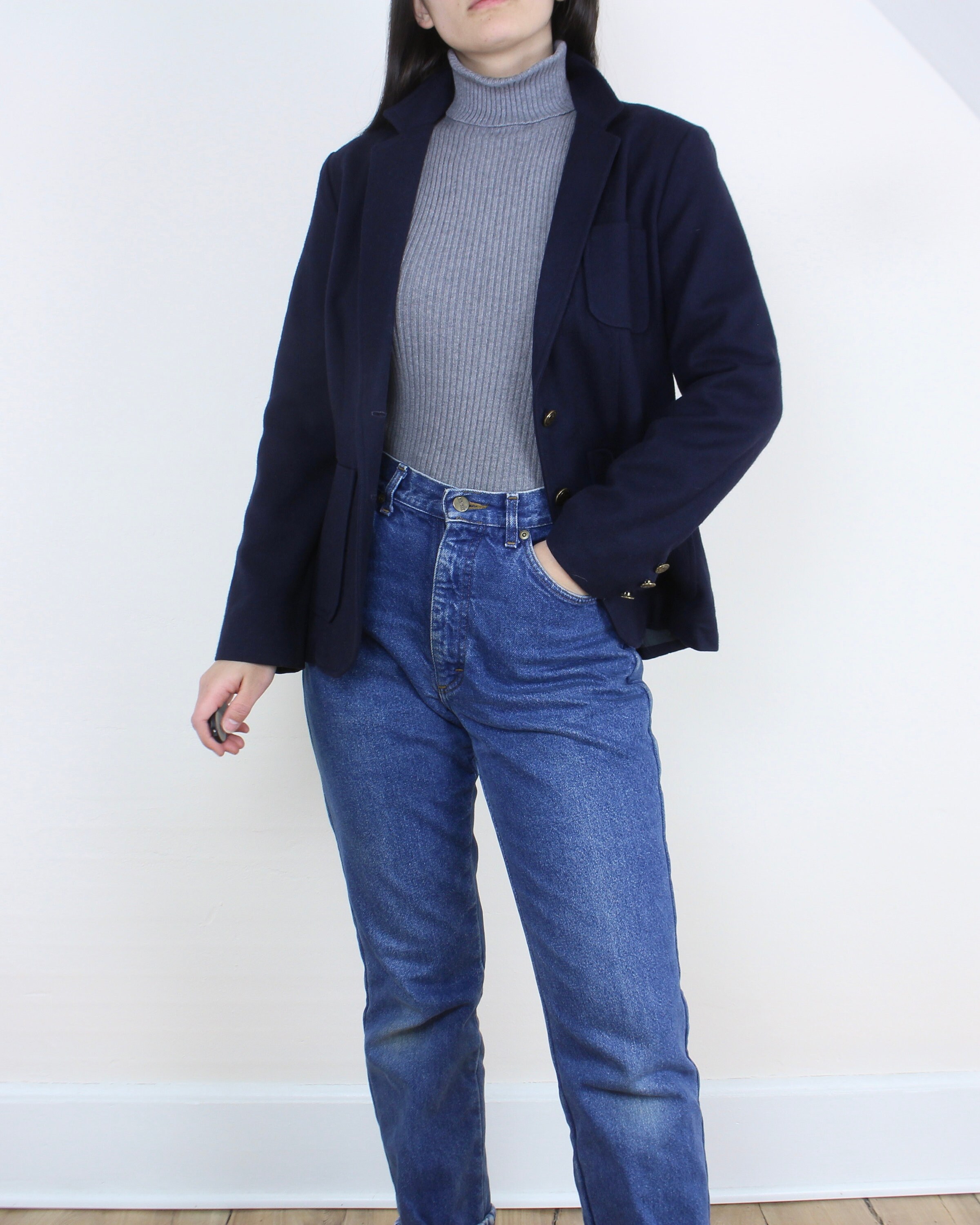 Vintage 90s Navy Blue Blazer Jacket, Single Breasted, Two Button