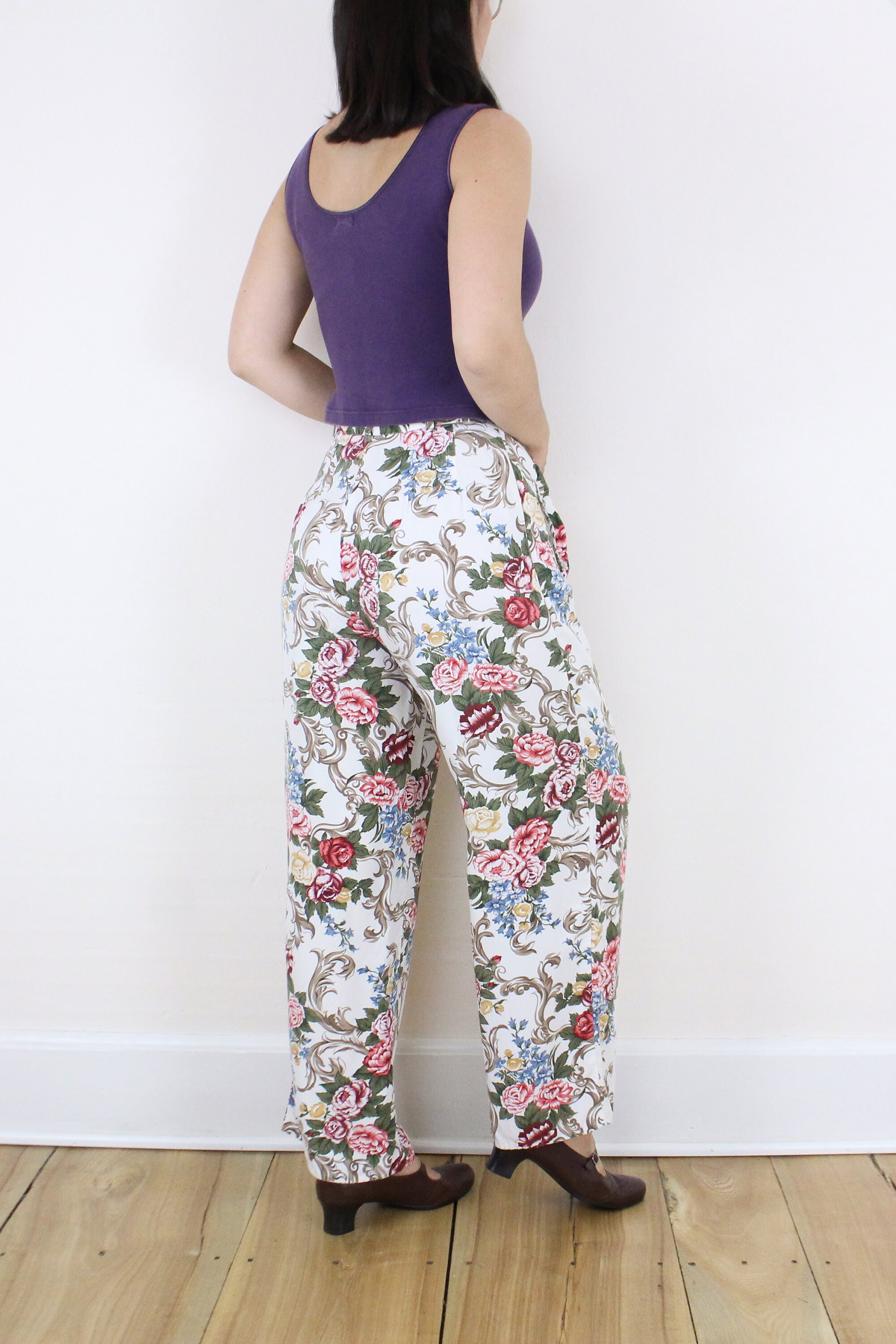 Vintage 90's 27W Rayon Floral Pants, Breeches, White W