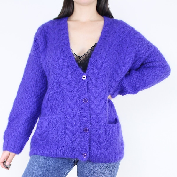 Vintage 80's purple mohair blend cardigan sweater, The Weathervane, v-neck, chunky knit, buttons, mohair blend, bright color, patch pockets