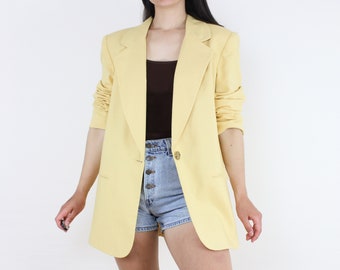 Vintage 90's yellow blazer, Requirements, pastel yellow, long sleeve, single button closure, faux pockets, notched collar, minimalist, prep