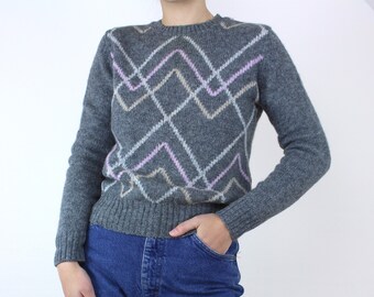 Vintage 90s argyle knit sweater, Scottish shetland wool, Braemar, geometric, fair isle, gray, pink, yellow, crew neck, dark academic