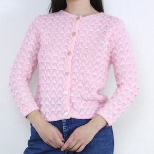Vintage 60s pink knit cardigan, textured knit, Orlon Acrylic, Dotty Mann of Cleveland, 3/4 sleeve, mod style, light pink,