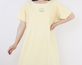 Vintage 90's t-shirt maxi dress, yellow w/ dragonfly embroidery, cotton, short sleeve, comfy, casual, pastel, cottage core, spring, summer