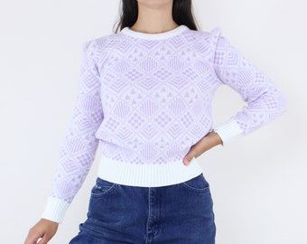 Vintage 80's/90's purple & white sweater, long sleeve, crew neck, pastel purple, unique geometric pattern, acrylic knit