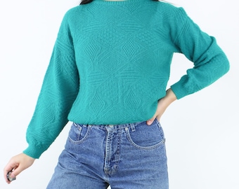 Vintage 80s/90's kelly green knit sweater, cropped, geometric knit, lightweight, crew neck, long sleeve, Adele, dopamine dressing, winter