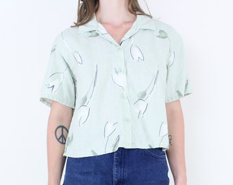 Vintage 90s linen blouse, cropped, collared, button front, John Paul Richard, pastel pale green, floral, minimalist, shirt, light academia