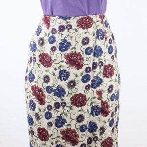 Vintage 90&#39;s 27W Talbots rayon floral midi skirt, faux wrap, beige w/ blue & red flowers, green vines, straight fit, minimalist, preppy