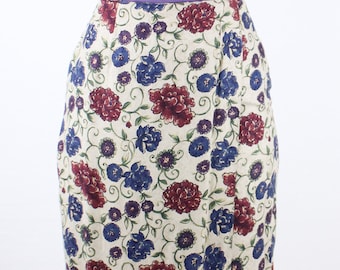 Vintage 90's 27W Talbots rayon floral midi skirt, faux wrap, beige w/ blue & red flowers, green vines, straight fit, minimalist, preppy