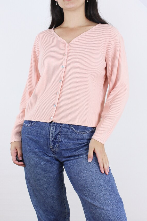 Vintage 90s pastel pink cardigan top, ribbed knit… - image 4