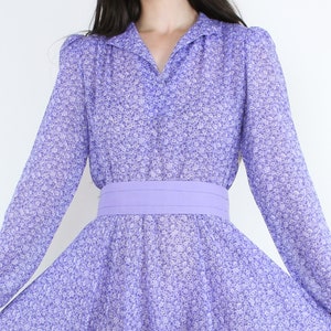 Vintage 70s purple floral midi dress, bishop sleeve, elastic fitted waist, matching belt, puff sleeve, J.C.Penney, cottage core, prairie