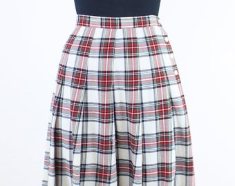 Vintage 80's 26W LLBean wool plaid skirt, pleated, primary color plaid, side button entry, midi length, light academia, preppy, mod, classic