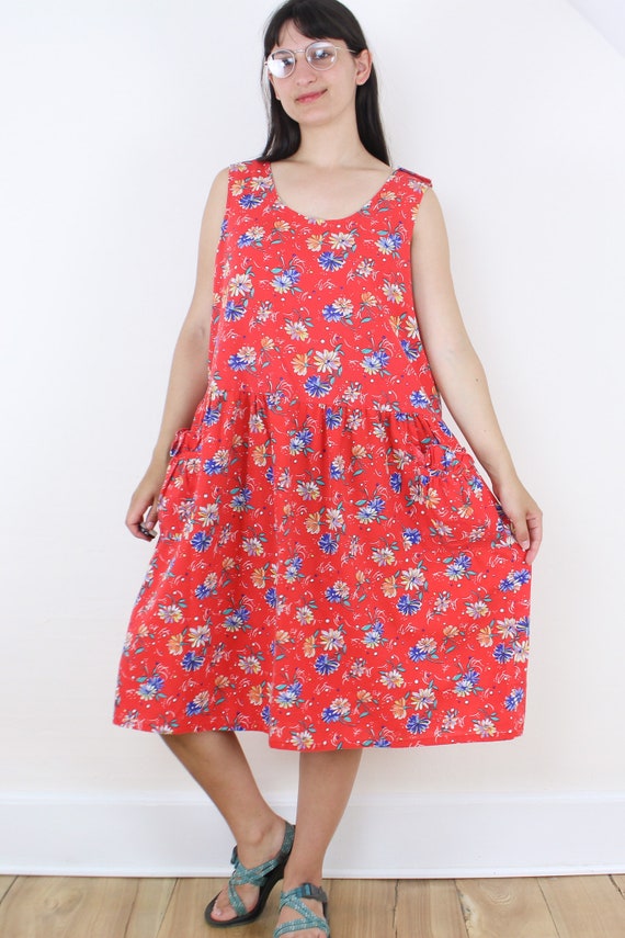 Vintage 80's red floral tank dress, bright red, b… - image 3