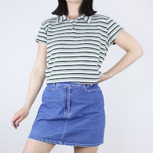 Vintage 90&#39;s striped collared shirt, Fashion Bug, light green, dark green, beige horizontal stripe, short sleeve, grunge, casual, minimalist