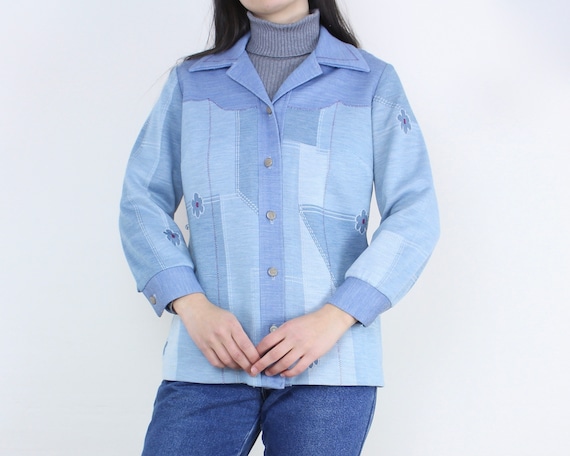 Vintage 70s polyester jacket, blue geometric patt… - image 1