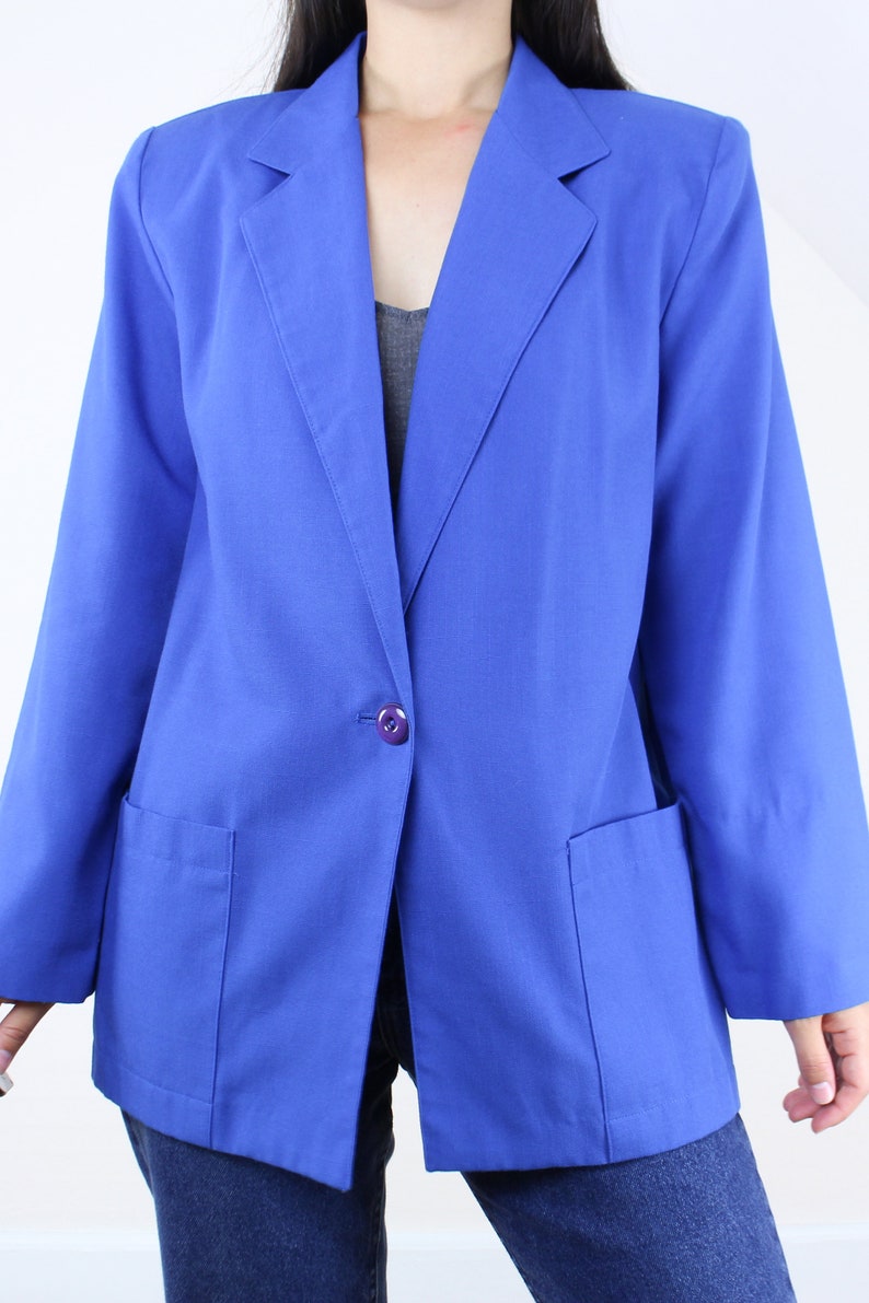 Vintage 90's blue blazer, muted royal blue, rayon poly blend, pockets, collared, single purple button closure, shoulder padding, lightweight image 2