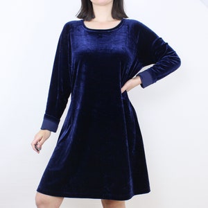 Vintage 90&#39;s blue velvet long sleeve dress, Moda Int&#39;l, raglan sleeve, a-line, above knee length, mini, grunge, moody, minimalist, gothic