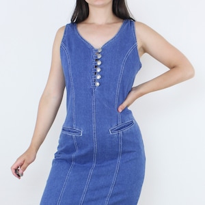 Vintage 90&#39;s denim tank dress, pencil, fitted, Starwear Fashion, medium wash blue denim, midi, button front bodice, pockets, grunge, casual
