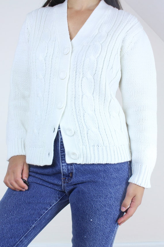 Vintage 60's/70's white knit cardigan, v neck, ac… - image 2