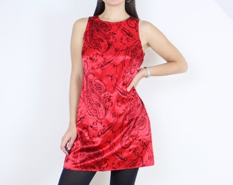 Vintage 90s All That Jazz mini dress, red w/ black velvet raised pattern, paisley, tank, sleeveless, shiny, Christmas, holiday, valentines