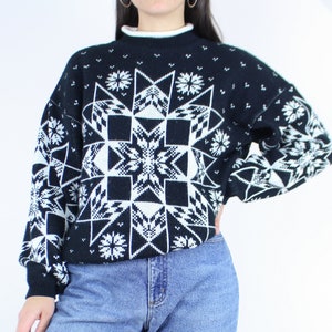 Vintage 90s black & white snowflake sweater, In The Park, pullover, big snowflake, acrylic, rolled neck, boxy fit, holiday, christmas, snow