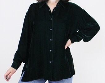 Vintage 90's dark forest green velvet blouse, Color Fx, button up, collar, button cuff, hip slits, grunge, gothic, dark academic, whimsigoth