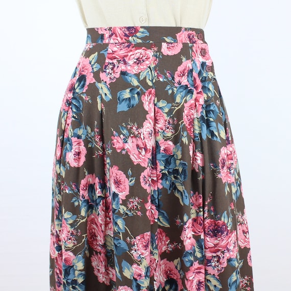 Vintage 90's 27W rayon floral midi skirt, brown w/ pink blue flowers,  side buttons, pleated, pockets, grunge, neutral, woodland fairy