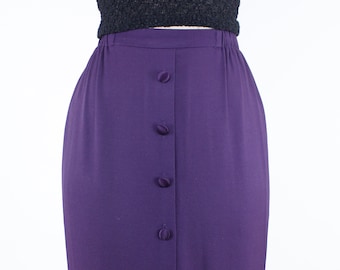 Vintage 90's 26-32W dark purple skirt, midi length, rayon acetate blend, faux front buttons, flat front, elastic back, straight cut, grunge