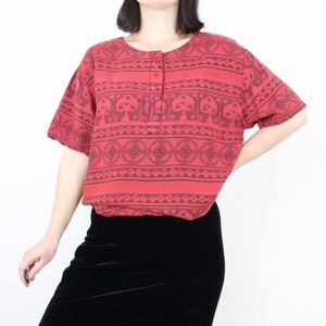 Vintage 90&#39;s rayon top, Forenza, red w/ grey unique geometric pattern, short sleeve, 4-button neck, flowy, relaxed, avant garde, boho