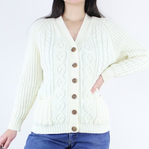 Vintage 70&#39;s acrylic knit cardigan, sweater, cream, v-neck, button front, cable knit, fisherman, aran, pockets, light academia, minimalist